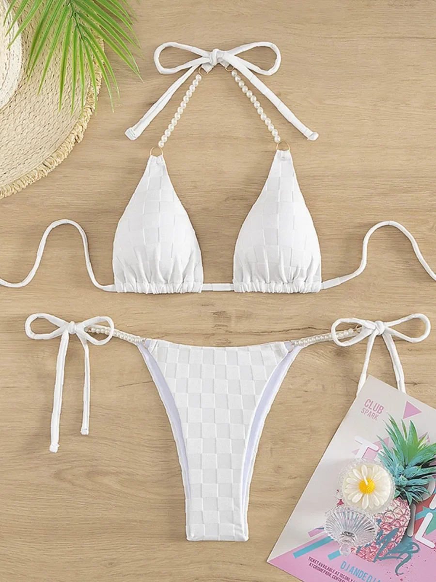 

Solid Color 2 Piece Pearl Chain Swimsuit Women's Lace-up Triangle Halter Backless Swimwear Beach Vacation Bathing Suit 2025 New