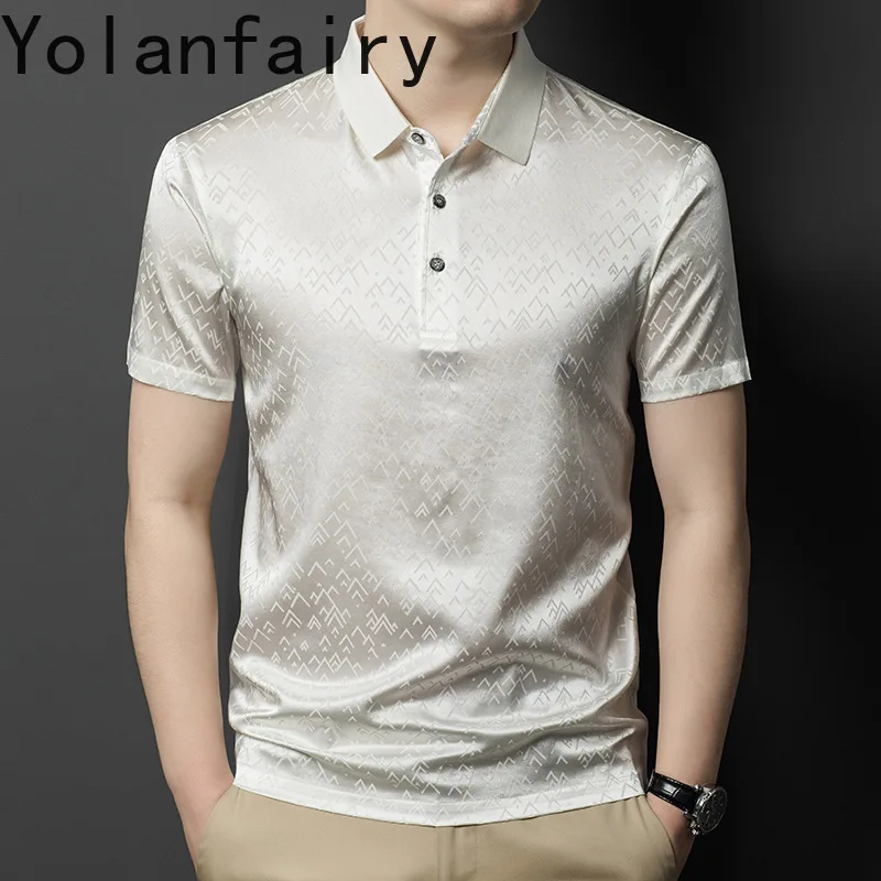 YOLANFAIRY 92% Mulberry Silk Polo Shirt for Men Mens T Shirt Summer Clothes Mens Fashion Tops Футболка Мужская Men Clothing