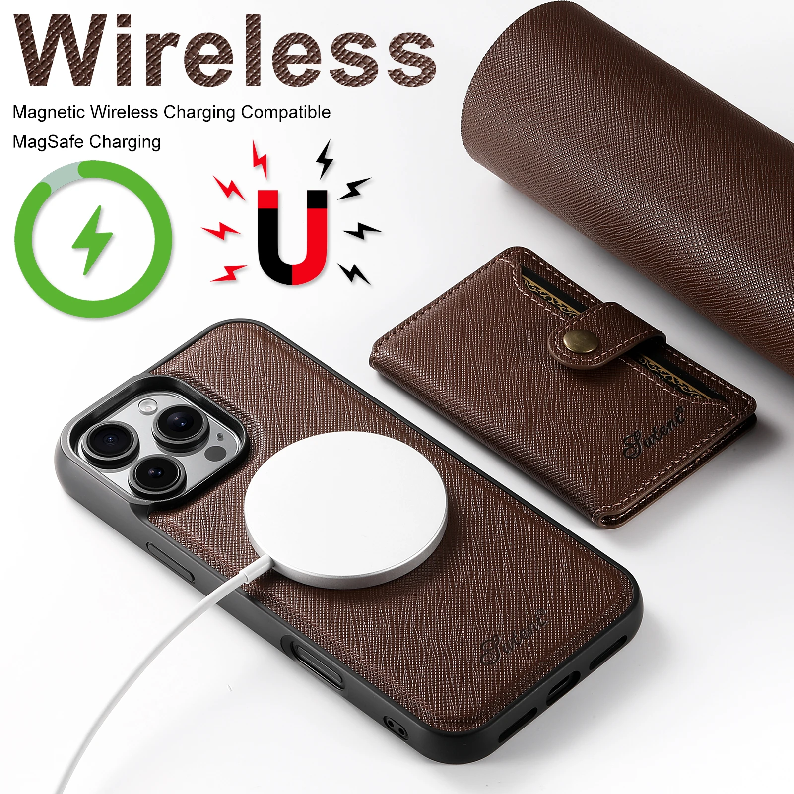 Suteni Wallet  ith Card Holder Magnetic MagSafe Wireless Charging Case PU Leather Case for iPhone 16 ProMax 15 Plus 14 13 12