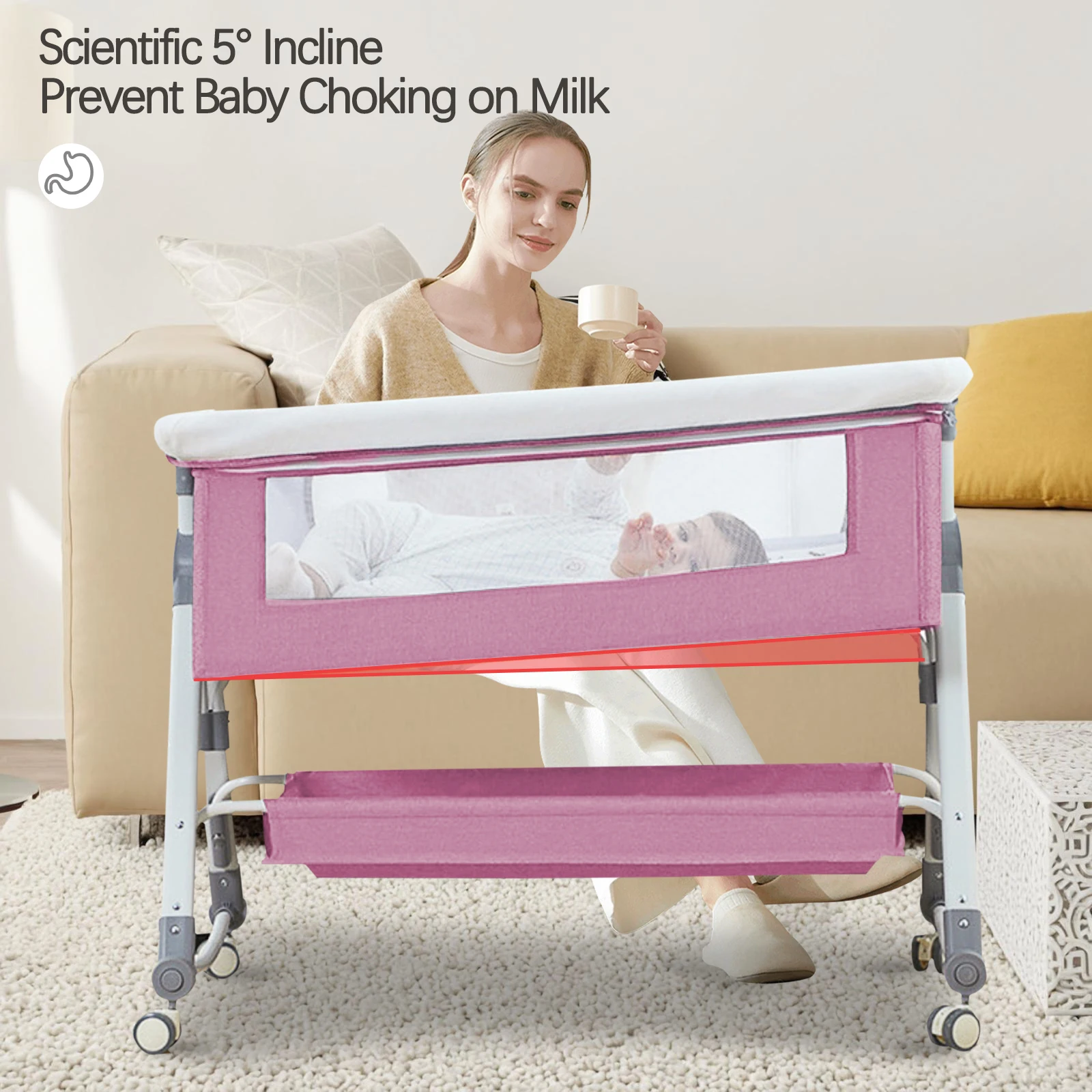 Baby Crib Portable Splicing Cradle Bed Foldable Height Adjustable Movable Bedside Swing Bed Bassinet With Wheels,Mosquito Net