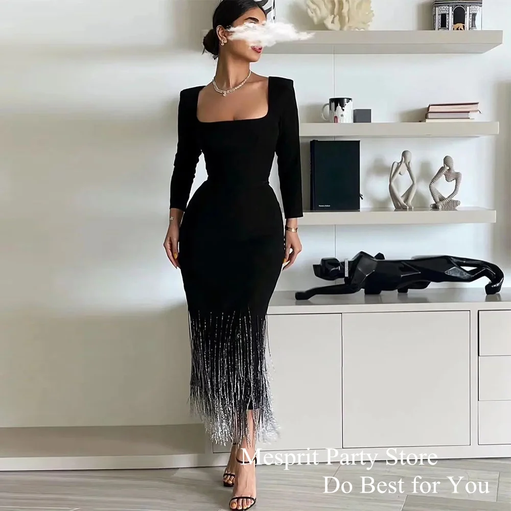 2024 Cocktail Dress Party Gown for Weddings Square Neck Long Sleeve Beading Mermaid Black Evening Dress Saud Arabian