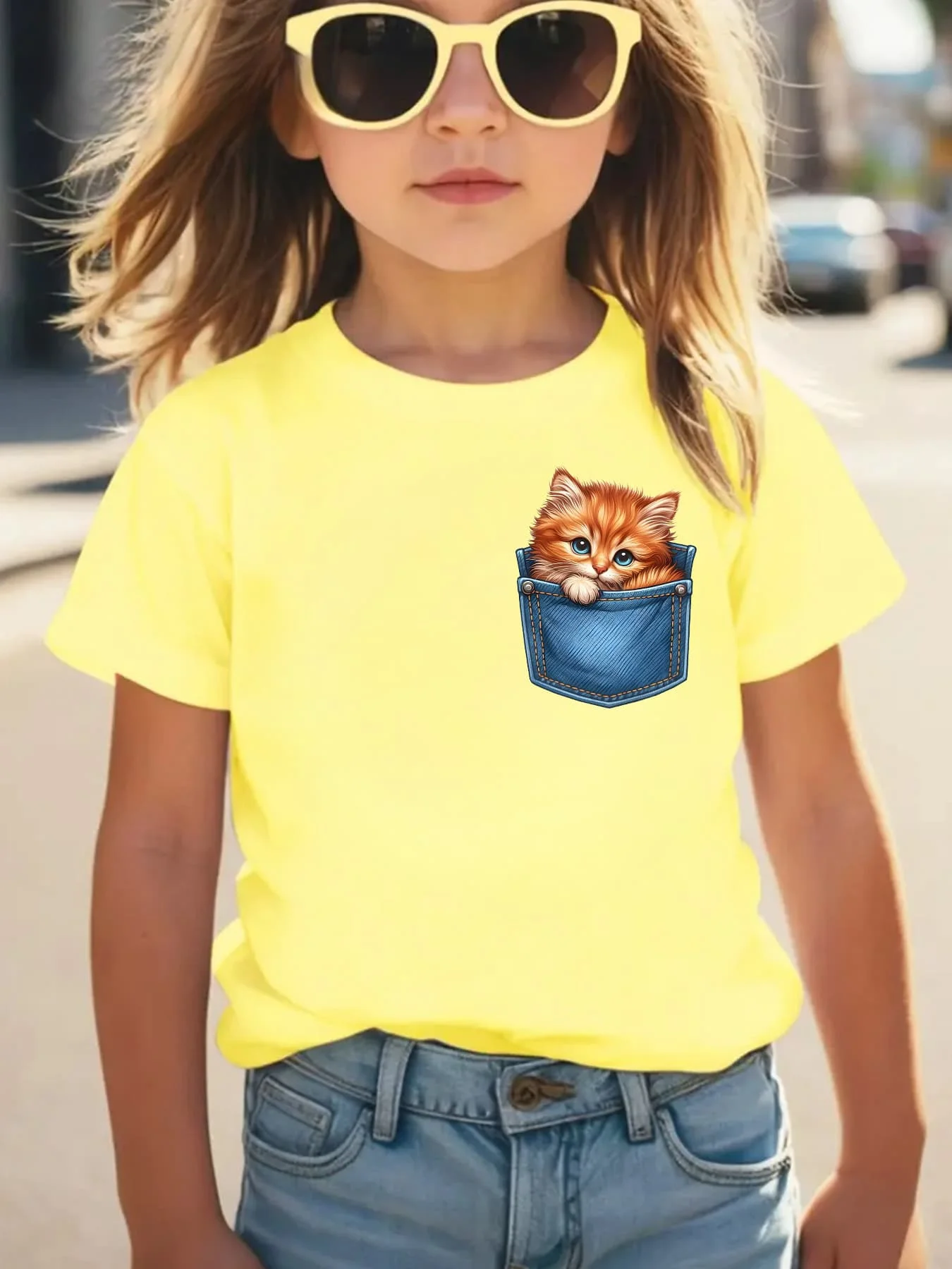 Realistic Cat In Denim Pocket Print T Shirt Boys Girls Family Matching Soft Cotton Short Sleeve Lovely Kids Daily Wear Tops
