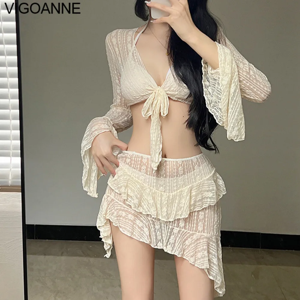 VigoAnne-Conjunto de Bikini blanco de 4 piezas con bata de malla para mujer, traje de baño coreano con Push-Up y cuello Halter, traje de baño de manga larga para verano 2025