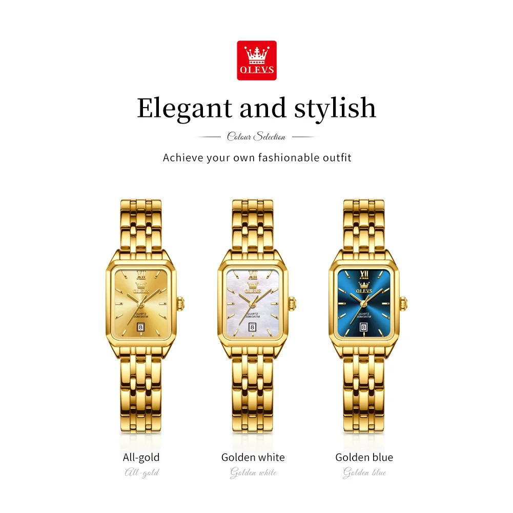 OLEVS 5616 New Quartz Watch for Women Fashion Elegant Square Golden Watch Calendar Waterproof Stainless Steel Ladies Wristwatch