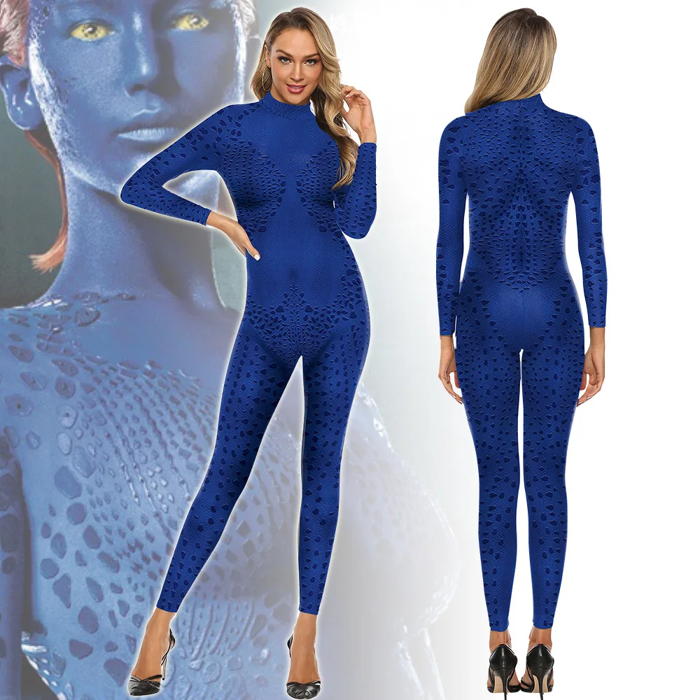 Movie Superhero Mystique Raven Darkholme Jumpsuit Cosplay Costumes  Women Blue Zentai Catsuit Bodysuit Halloween Costume