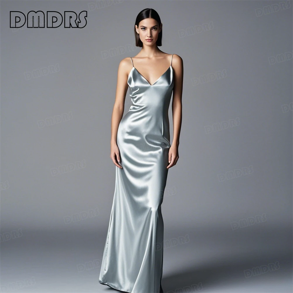 

Sexy Silky Satin Evening Dress, Spaghetti Straps V Neck Sheath Long Formal Dresses for Women, Dinner Date Party Gowns