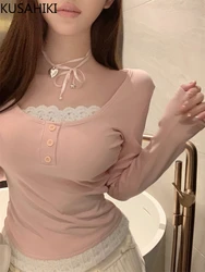 KUSAHIKI Fake Two Pieces Lace Long Sleeved T-shirt Top for Women's Winter New Slim Fit Sweet Base Shirt 2024 New Crop Y2k Tops