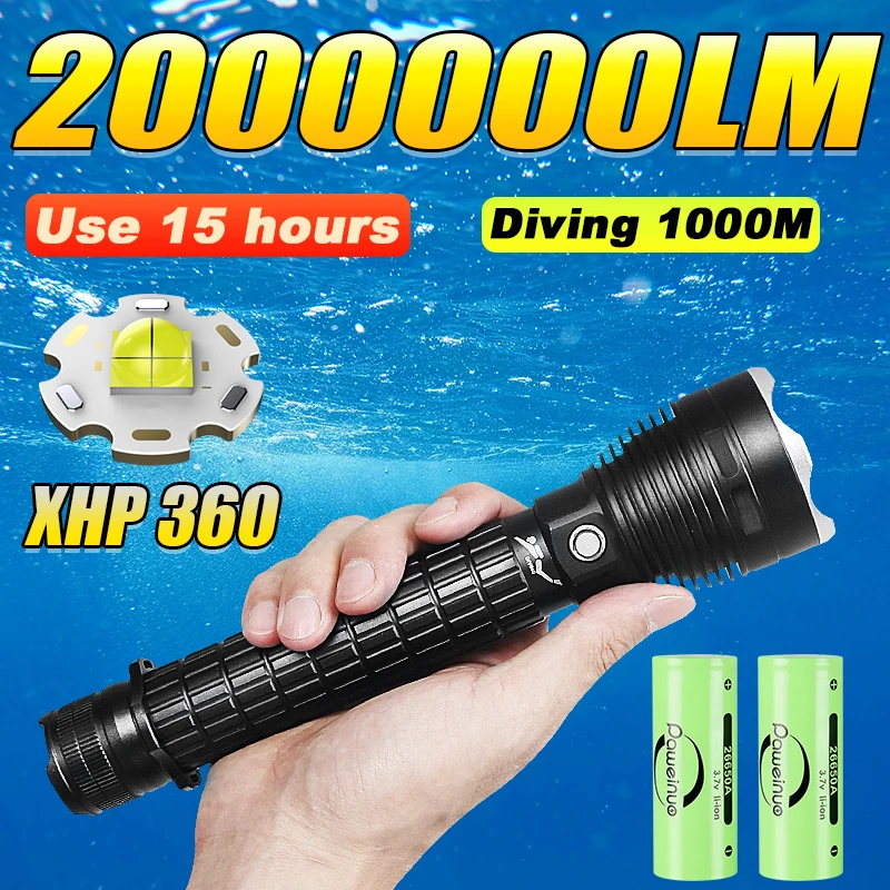 Professional Diving Torch High Power LED Flashlight Diving 1000M IPX8 Waterproof Fishing Light Underwater Scuba FLashlight 18650