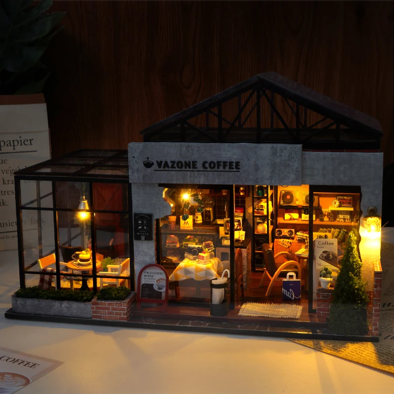 DIY Miniature Wooden House Kit, Soul Rest Coffee Shop with Full‑View Skylight, Hand‑Build Diorama Model, Creative Gift
