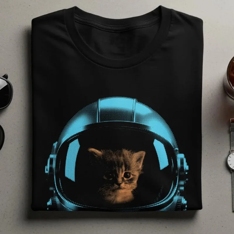 Fun Space Cat T-shirt, Retro Astronaut Kitten Pattern T-shirt for Women, Summer New Unisex