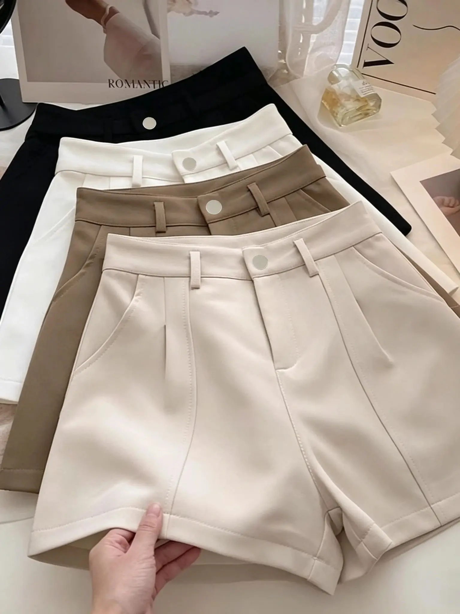 Damen Casual Shorts, Modisch Elegant, Büro-Outfit, Vintage, Einfarbig, Hohe Taille, Kurze Hose, Casual Streetwear, Sommerhose – Detail 5