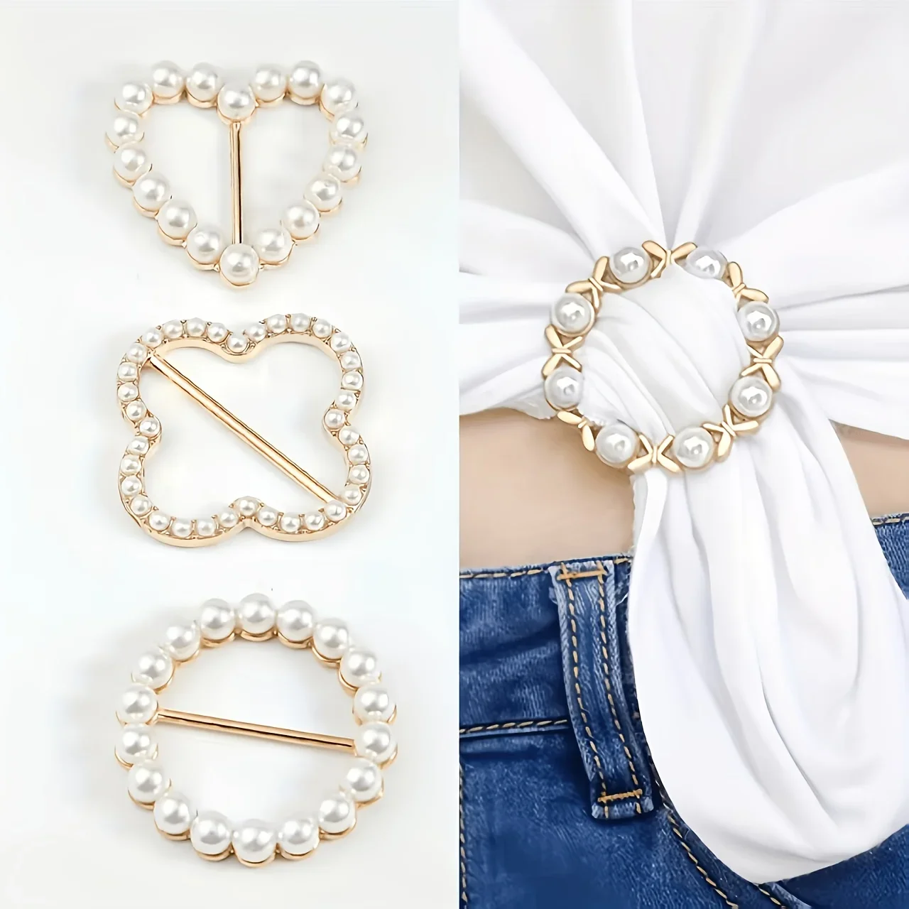 4 Styles of Women's Scarf Rings and T-shirt Tie Clips for Cinching Clothes at the Sides, Featuring Round Clips and Belt Buckles