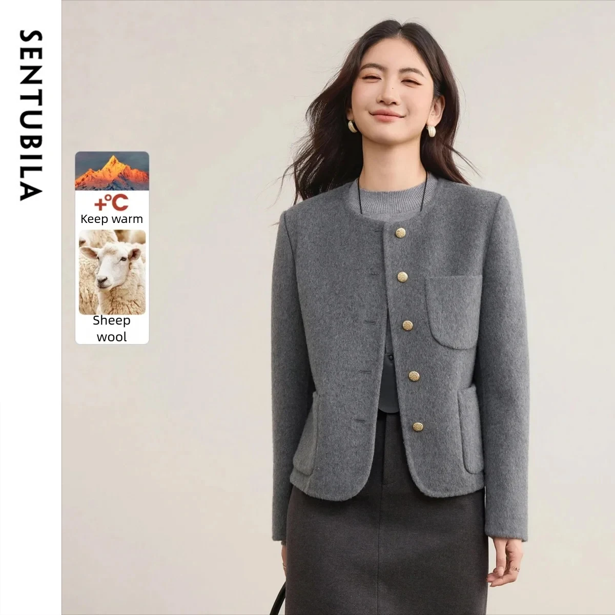 SENTUBILA Women's Sheep Wool Double Faced Overcoat 2026 Winter O-Neck Short Multi Color Optional Elegant Casual Top W54OG8767