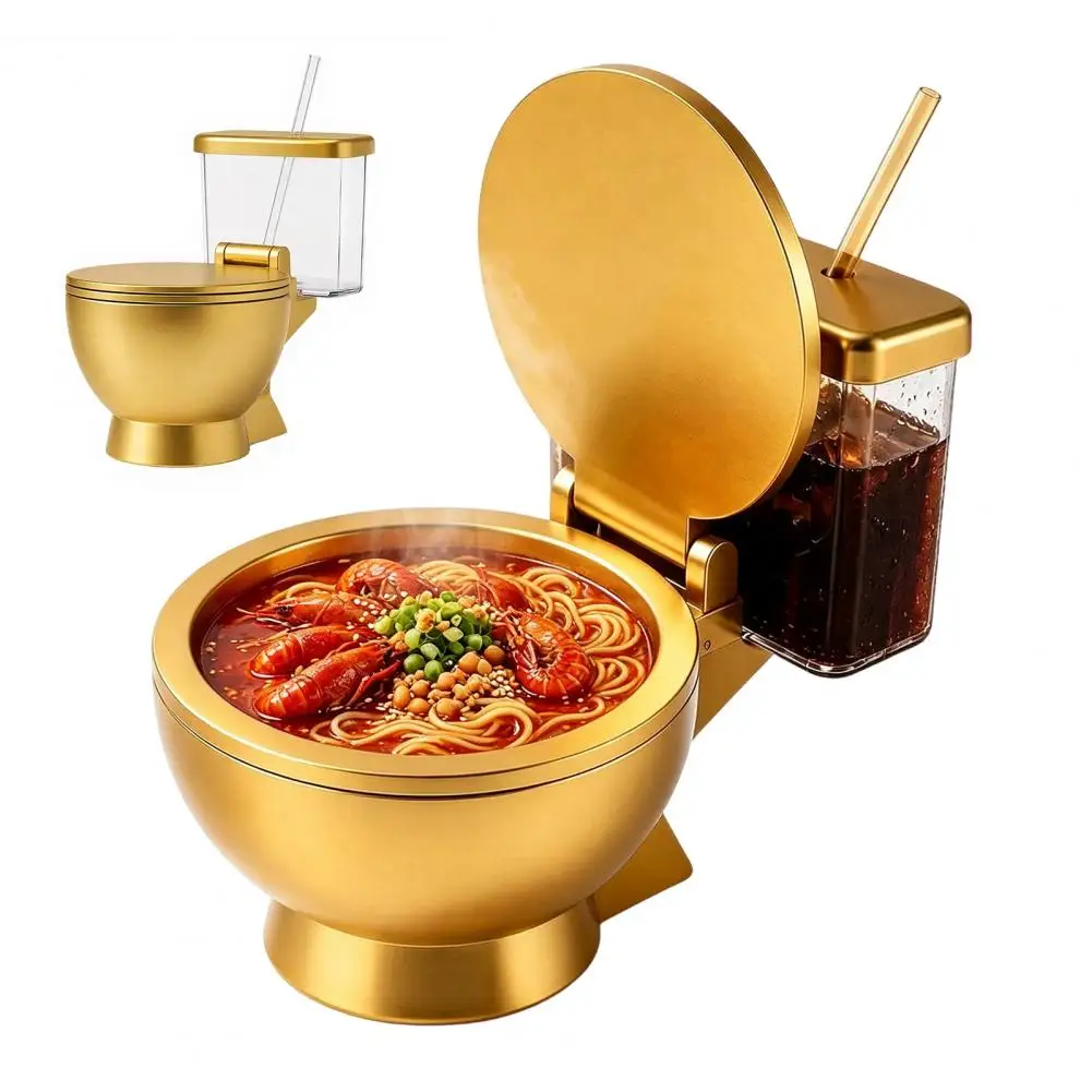 

Toilet Shaped Ramen Bowl Set, Built-in Drink Cup And Straw Design, Novelty Food Bowl, For Instant Noodles Soup And Snacks New
