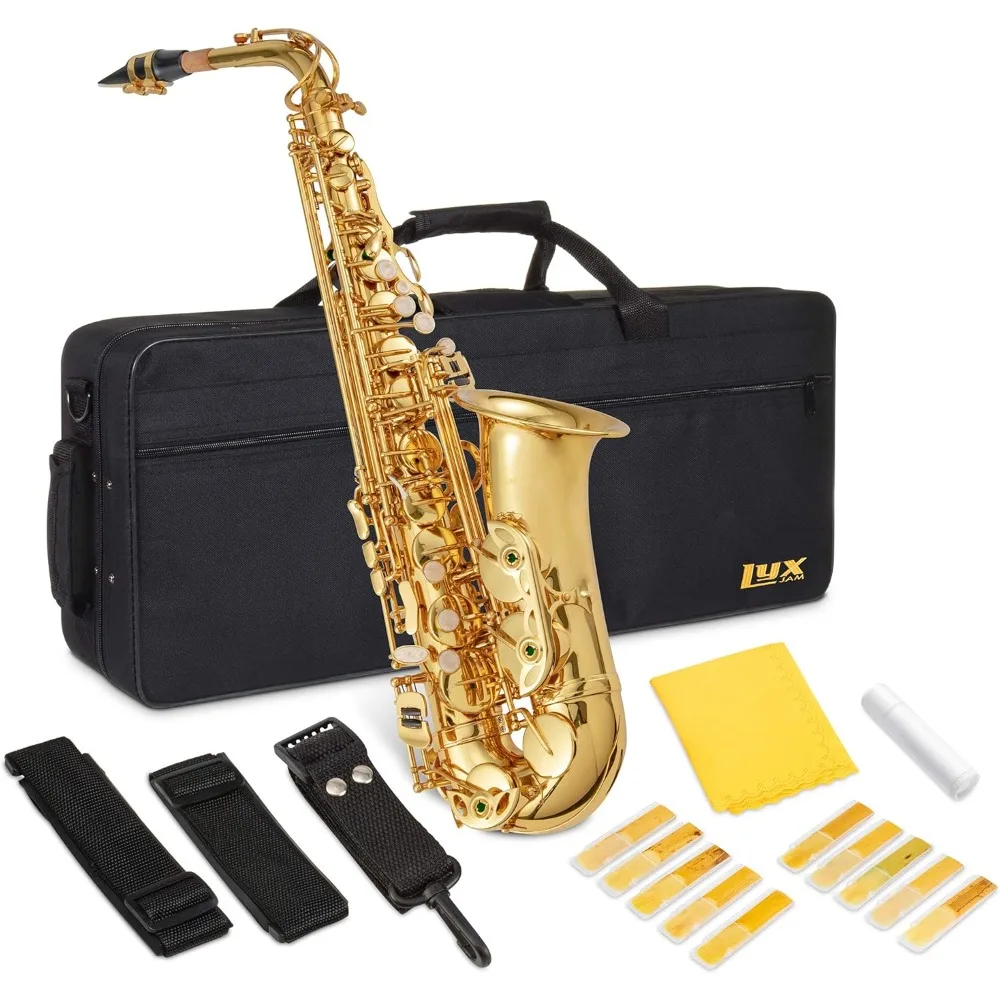 

Flat Brass Sax Kit, Professional Sound, Complete Accessories, Ideal for All Players, Includes Hard Case, 10 Extra Reeds, Strap