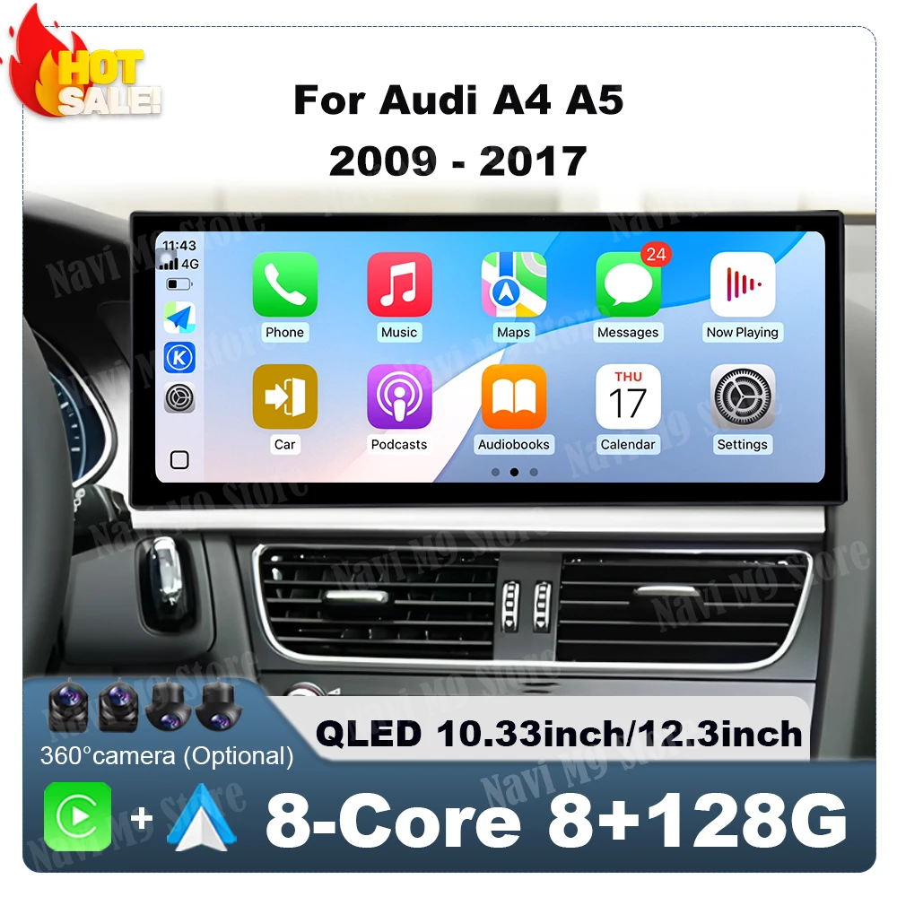 Drahtlose CarPlay Android 14 Für Audi A4 A5 S5 2009-2017 GPS Navi Auto Multimedia DSP Stereo Radio Player WIFI QLED Touchscreen