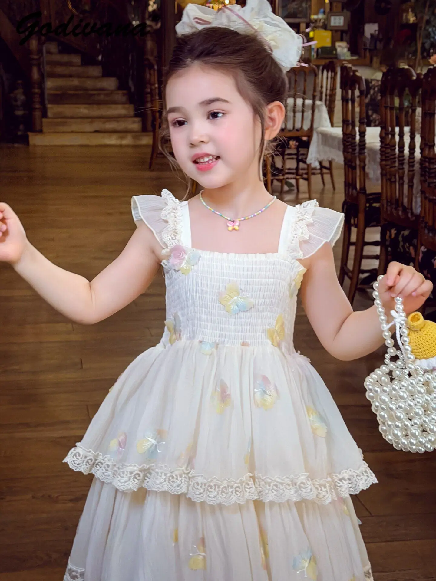 Sweet Baby Girls Summer 2026 New Princess Dress Kids Flutter Sleeve Cute Butterfly High Waist Lace Trim Tulle Casual Sundress