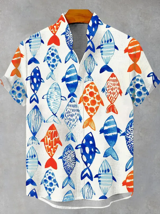 

Fashion Men's Casual Sea Life Graphics Short Sleeve Shirt Button Down Lapel Shirts Oversized Tops Casual Hawaiian Shirt for Men