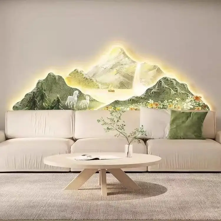 Crèmestijl schilderijen versieren bergschilderijen, high-end verlichting en achtergrond aan de muur gemonteerde wandlampen
