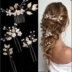 Pearl Flower Hairpin Side Comb Sets Wedding Hair Accessories Leaf Shaped Tiaras Bride Insert Hair Clip Jewelry Fashion Headwear