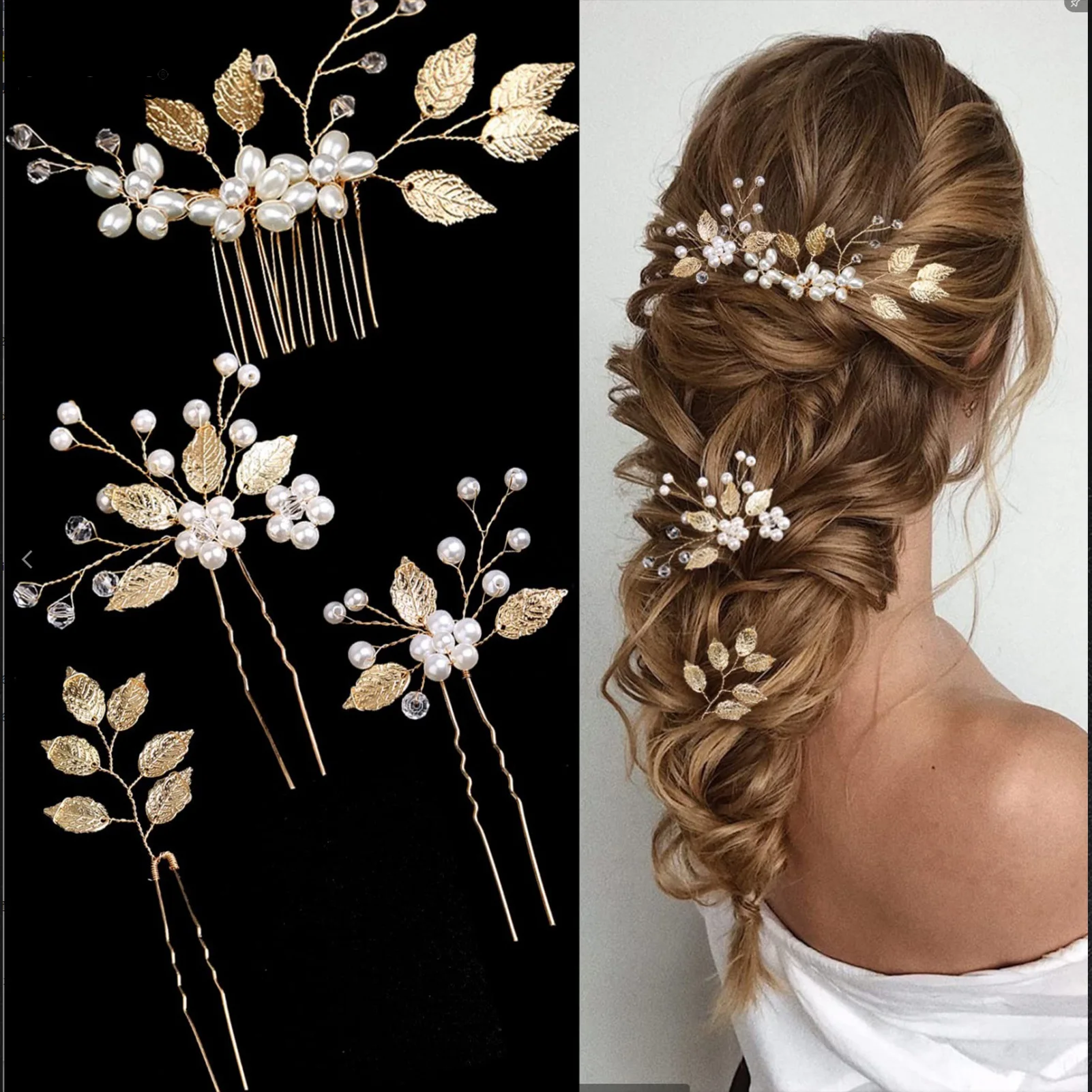 Pearl Flower Hairpin Side Comb Sets Wedding Hair Accessories Leaf Shaped Tiaras Bride Insert Hair Clip Jewelry Fashion Headwear