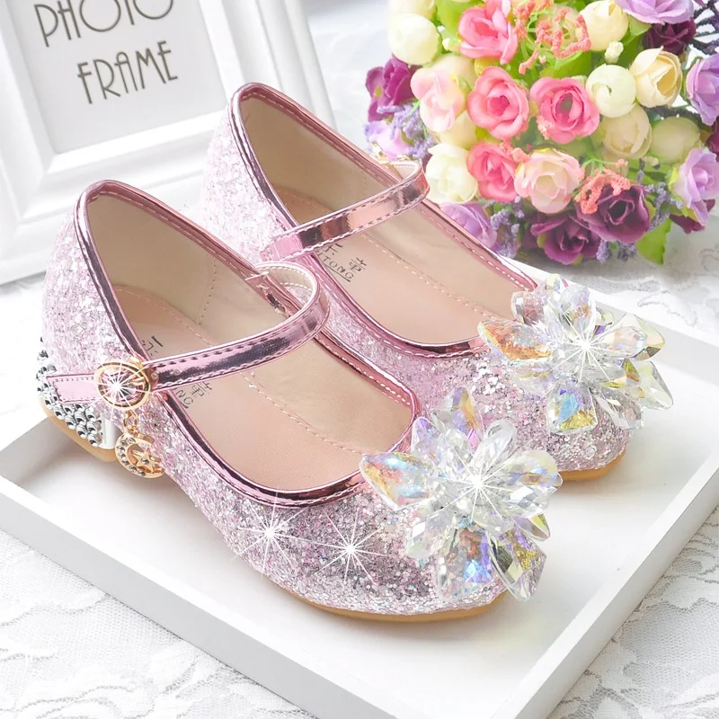 

Princess Kids Leather Shoes Crystal Flower Casual Girl Sandals Glitter Children High Heel Rhinestones Student Performance Shoe