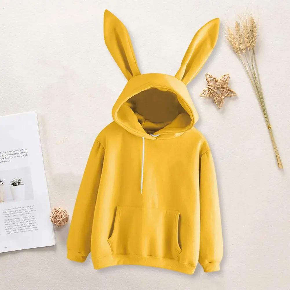 Women Solid Color Hoodie Cozy Bunny Ear Hoodie for Women Soft Warm Hooded Top with Drawstring Elastic Cuff Fall Winter Solid