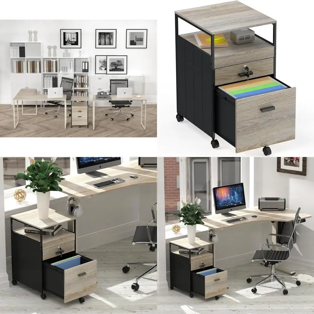 Maple Rolling File Cabinet with Open Shelves and Lockable Storage Drawer