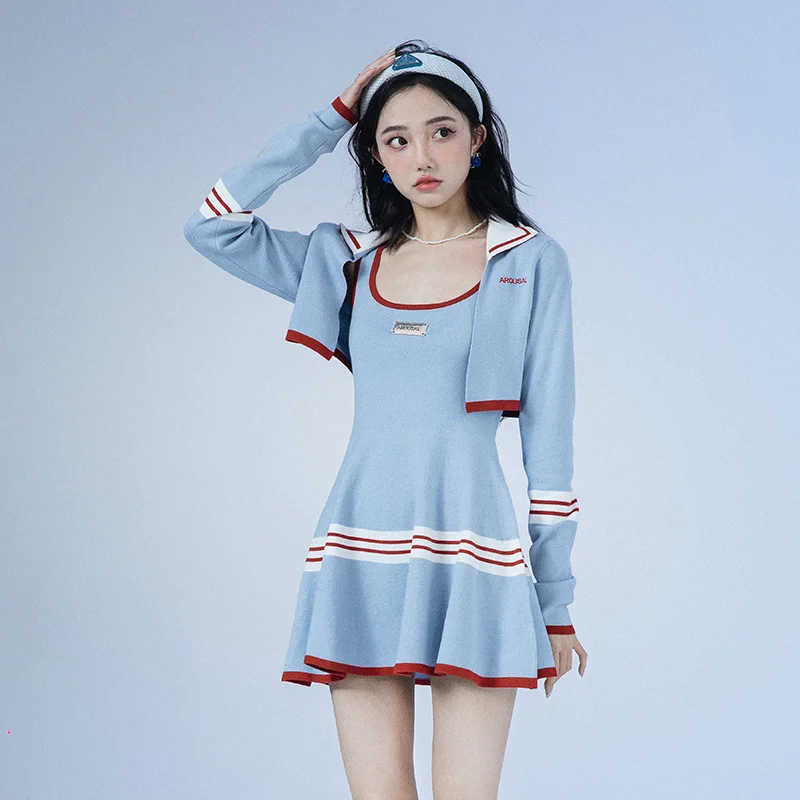 Sweet Gir Preppy Style Knitted Suit Women's Stripe Contrast Casual Top Slim Fit A-line Strap Dress Two-piece Set Female Clothes