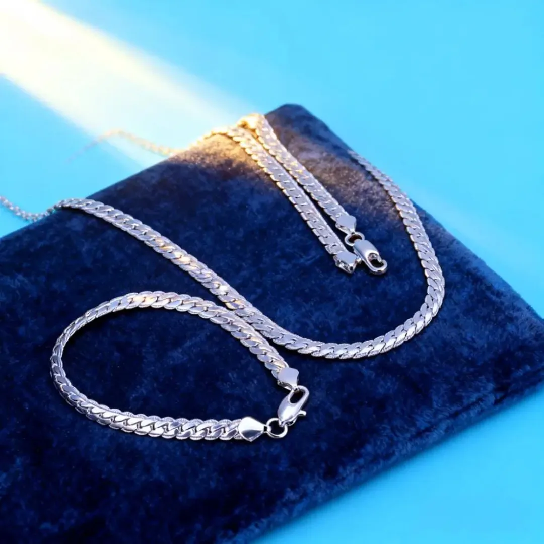 

Noble Nice 925 Sterling Silver 5MM Flat Chain Necklace Bracelet Set for Men Women Fashion Costume Jewelry Christmas Gift wedding