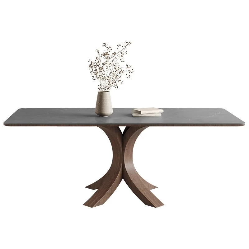

Rectangle household walnut color modern simple light luxury matte ash wood rock slab dining table