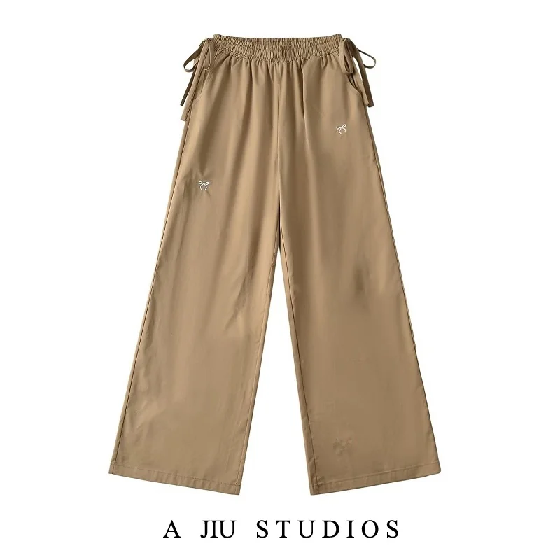 

American Retro Knot Embroidery Casual Pants High Waist Drapey Wide Leg Workwear Trousers for Women Street Style