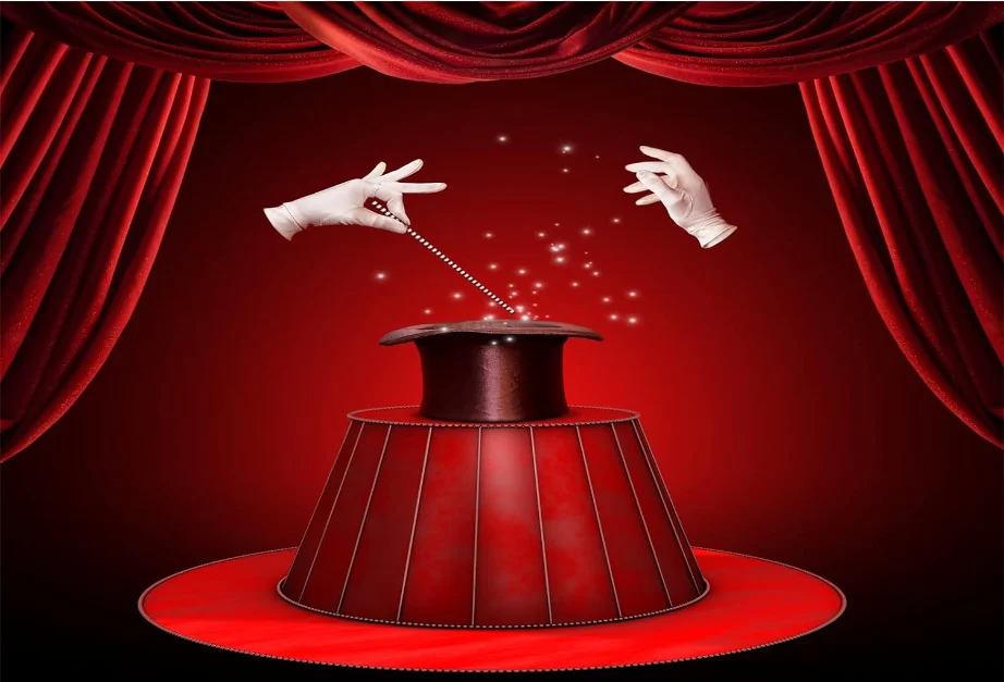 Magic Show Happy Birthday Backdrop for Boy Girl Porker Magician Red Curtains Baby Shower Party Background Black Hat Gold Stars