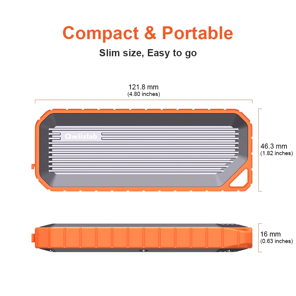 Qwiizlab NVMe & SATA Dual Protocol SSD Enclosure M.2 to USB 3.2 Gen2 Adapter 10Gbps Rugged Zinc Alloy Waterproof IP66