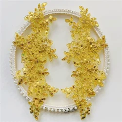 2Mirror pairs Color Embroidery Sequins Cording Flower Sticker Skirt Hem Lace Cloth Applique Handmade diy Decoration 10x 28cm
