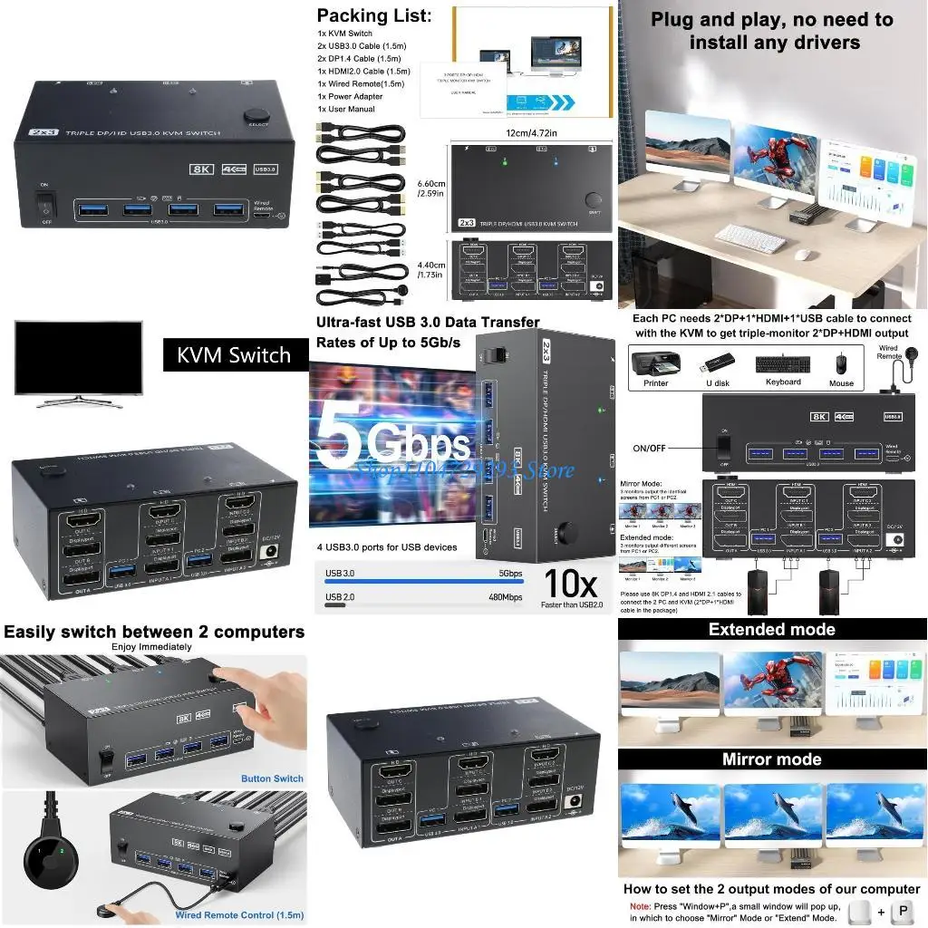 

Y2GD Multiple Monitors KVM Switcher HDTV 2.1 1.4 for 2 PC 3 Displays