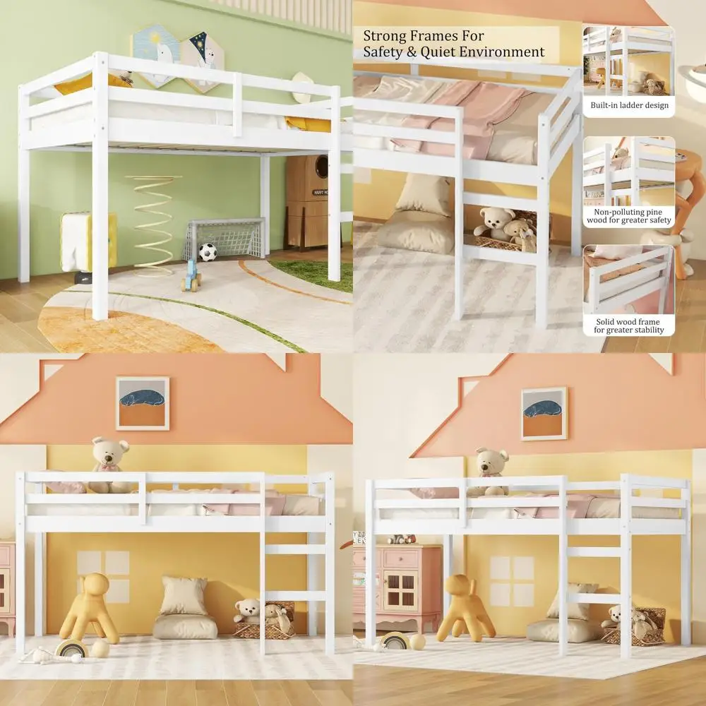 

Детская кровать Twin Size из массива дерева с лестницей, защитным бортиком, бесшумная, с нетоксичным покрытием, экономит место, не требует пружинного блока (белая)