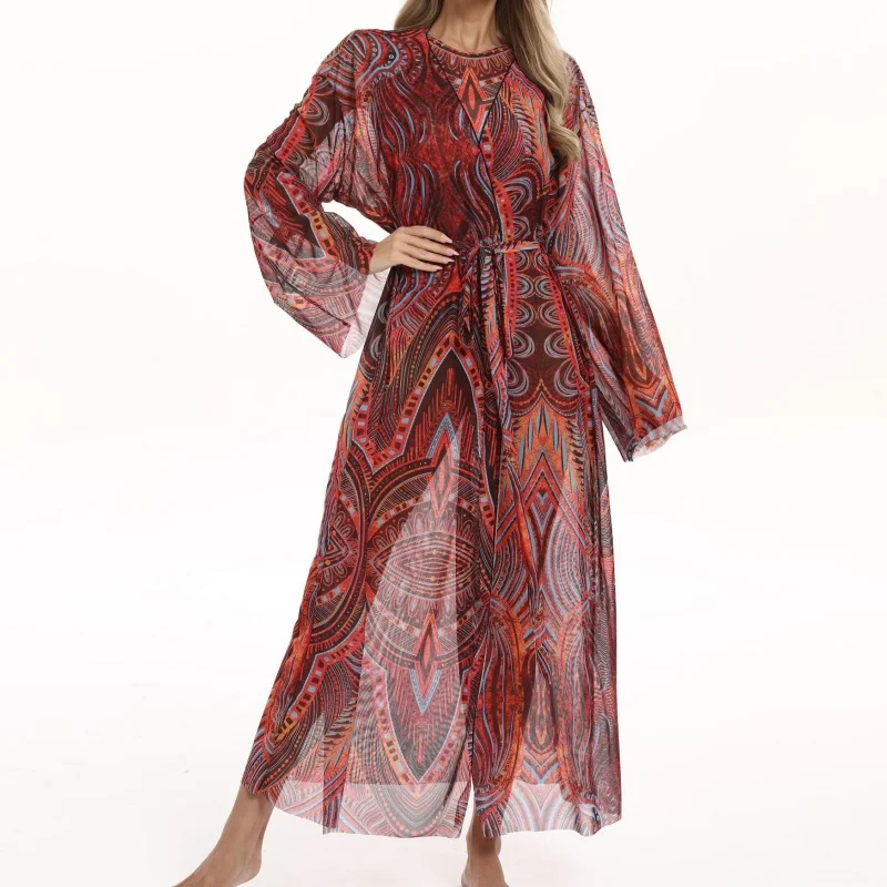 Abito da spiaggia con stampa bohémien Abito da donna vintage casual a maniche lunghe con lacci Top in rete Elegante moda Beachwear Bikini Cover Up 2025