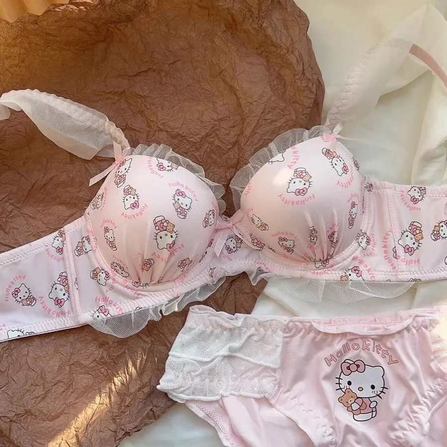 Hello Kitty Cute Japanese Girl Undergarments Unrimmed Bow Tie Small Breast Gathering Bra Set Female's Bra Breathable Gathered