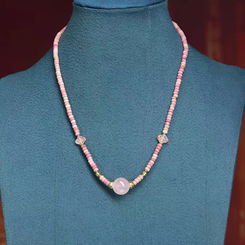 Natural rose stone necklace for women  pink crystal pendant  southern red auspicious cloud accessory  light luxury and f
