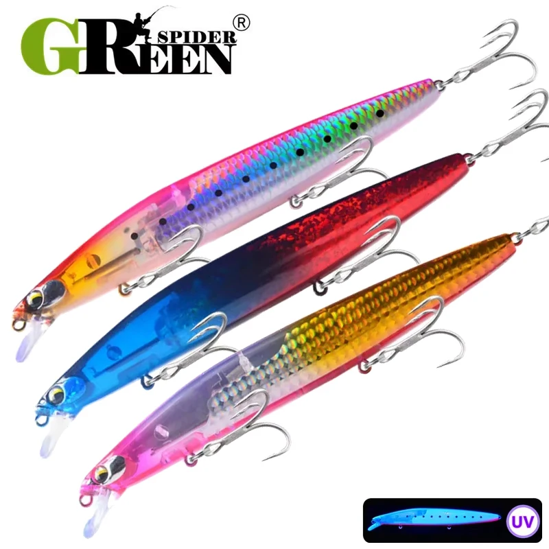 GREENSPIDER Neue UV 145mm/27g Schwimmende Minnow Lange Casting Harten Köder Flash Klinge Wobbler Angeln Locken meer Bass Köder