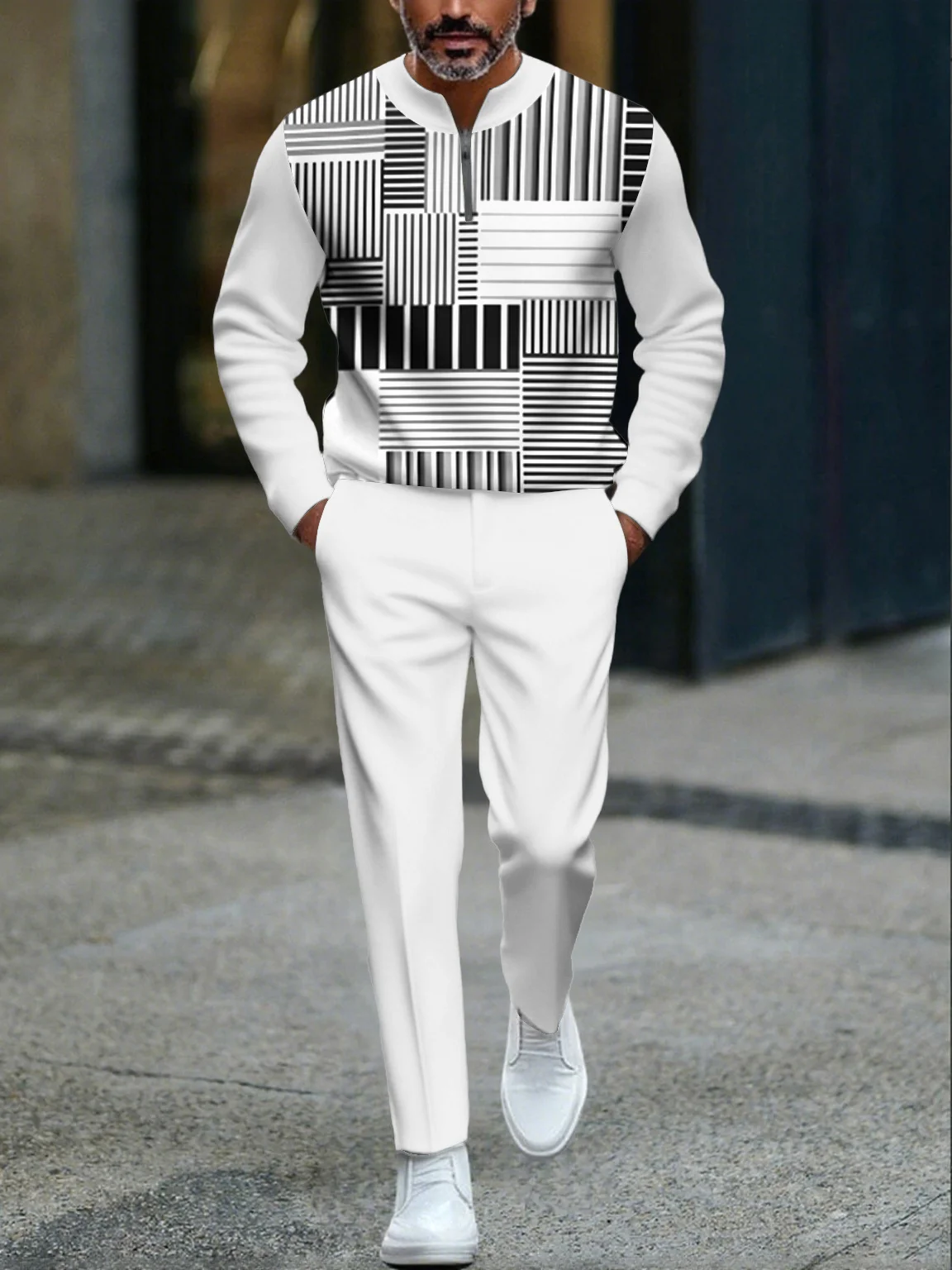 

Men's Cross-Border Casual Two-Piece Set: Stand Collar Half-Open Placket Top + Pants, Comfortable, Breathable, Perfect for Sports