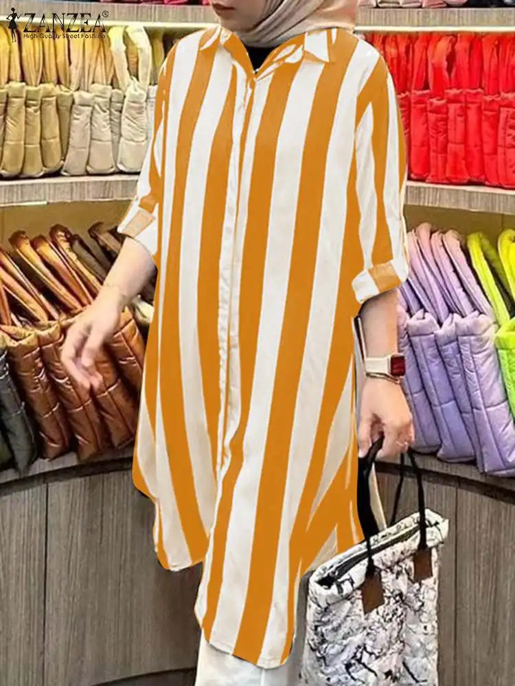 ZANZEA Long Sleeve Rounded Hem Long Shirts Women Muslim Fashion Leisure Loose Islamic Chemise Autumn Lapel Casual Striped Blouse