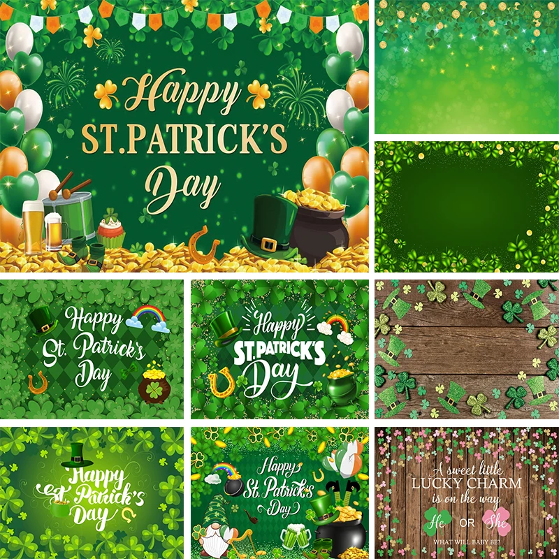 

St Patricks Day Photo Background Green Hat Festival Lucky Shamrock Party Balloon Decorations Backdrops for Photography Prop Baby