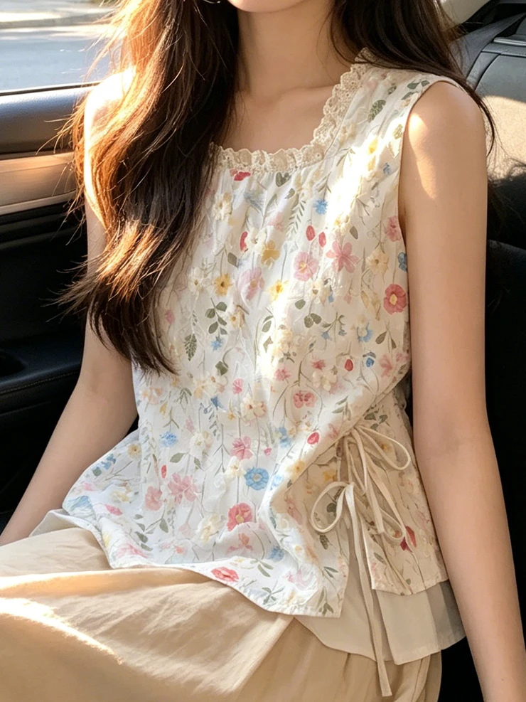 Elegant Embroidered Lace Trim Floral Print Strap Vest Women's Summer New Side Knot Fake Two-Piece Sleeveless Top Breathable