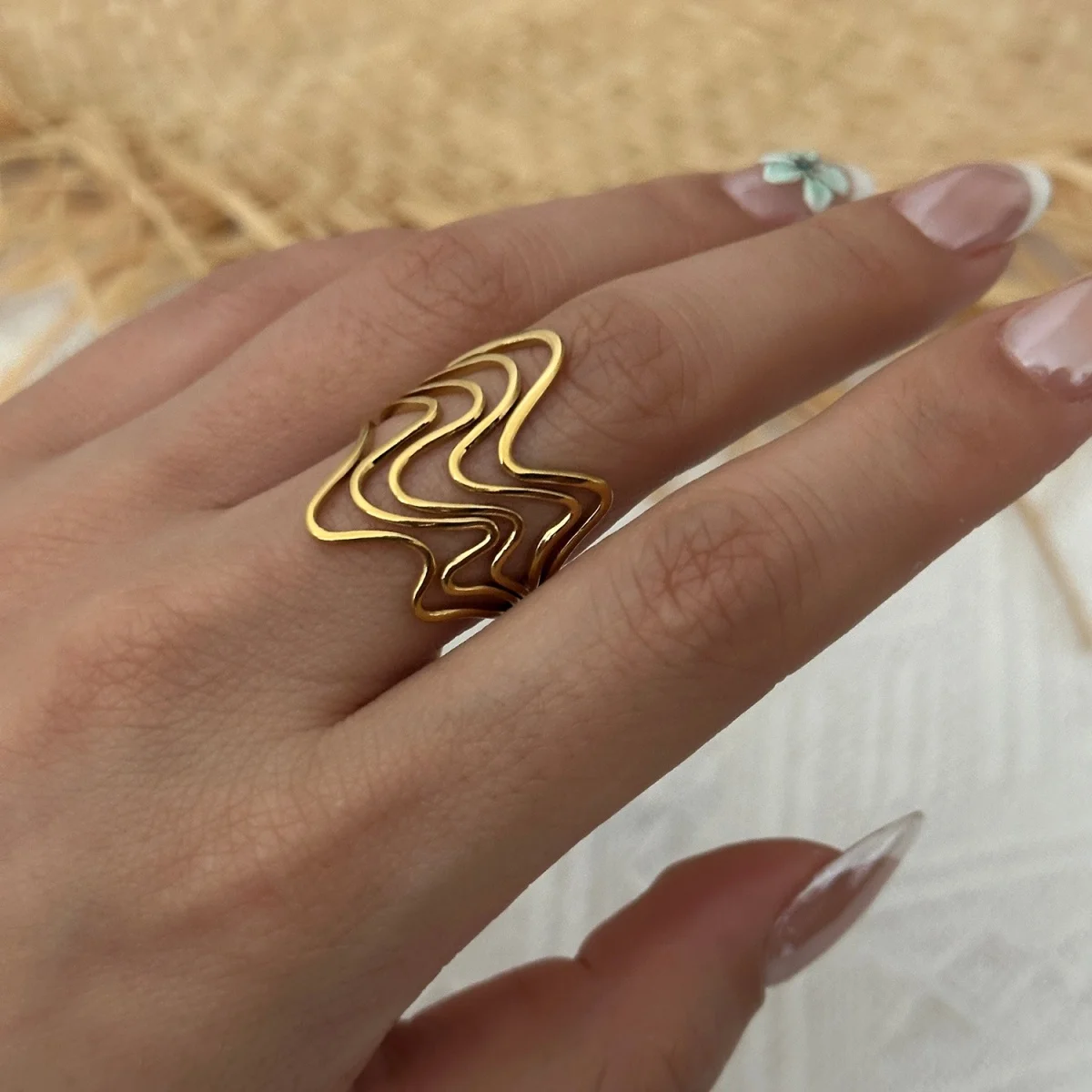 Edelstahlringe mit unregelmäßigen Wellen, Korallen, Seesternen und Blumen für Damen und Herren, Retro-Punk, florale Blätter, geometrische Linien, Boho-Schmuck – Detail 16