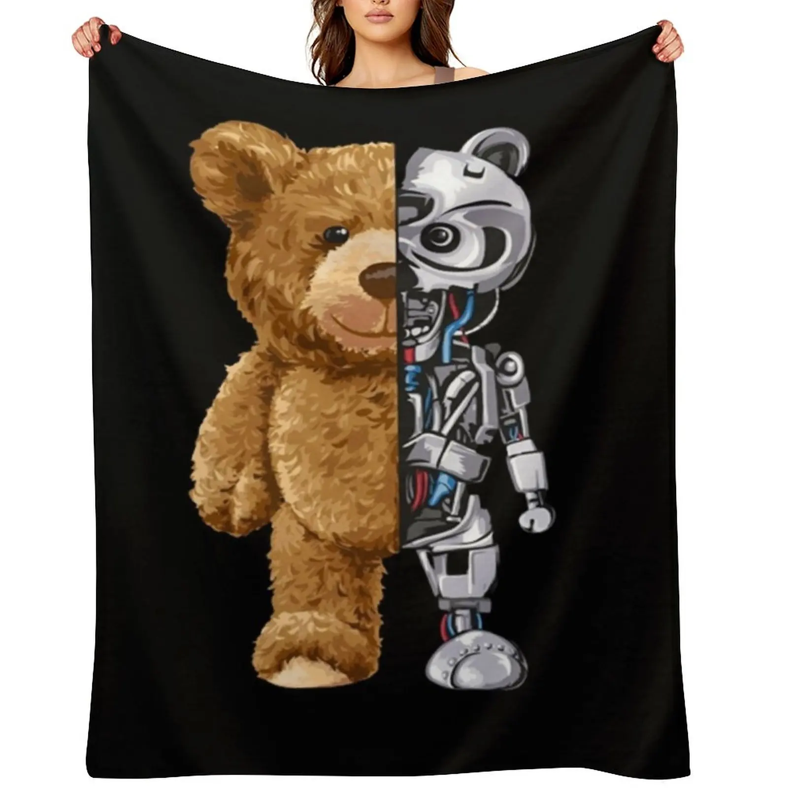 

Bear toy half robot Throw Blanket Camping Cute Plaid Cute Bed covers Blankets