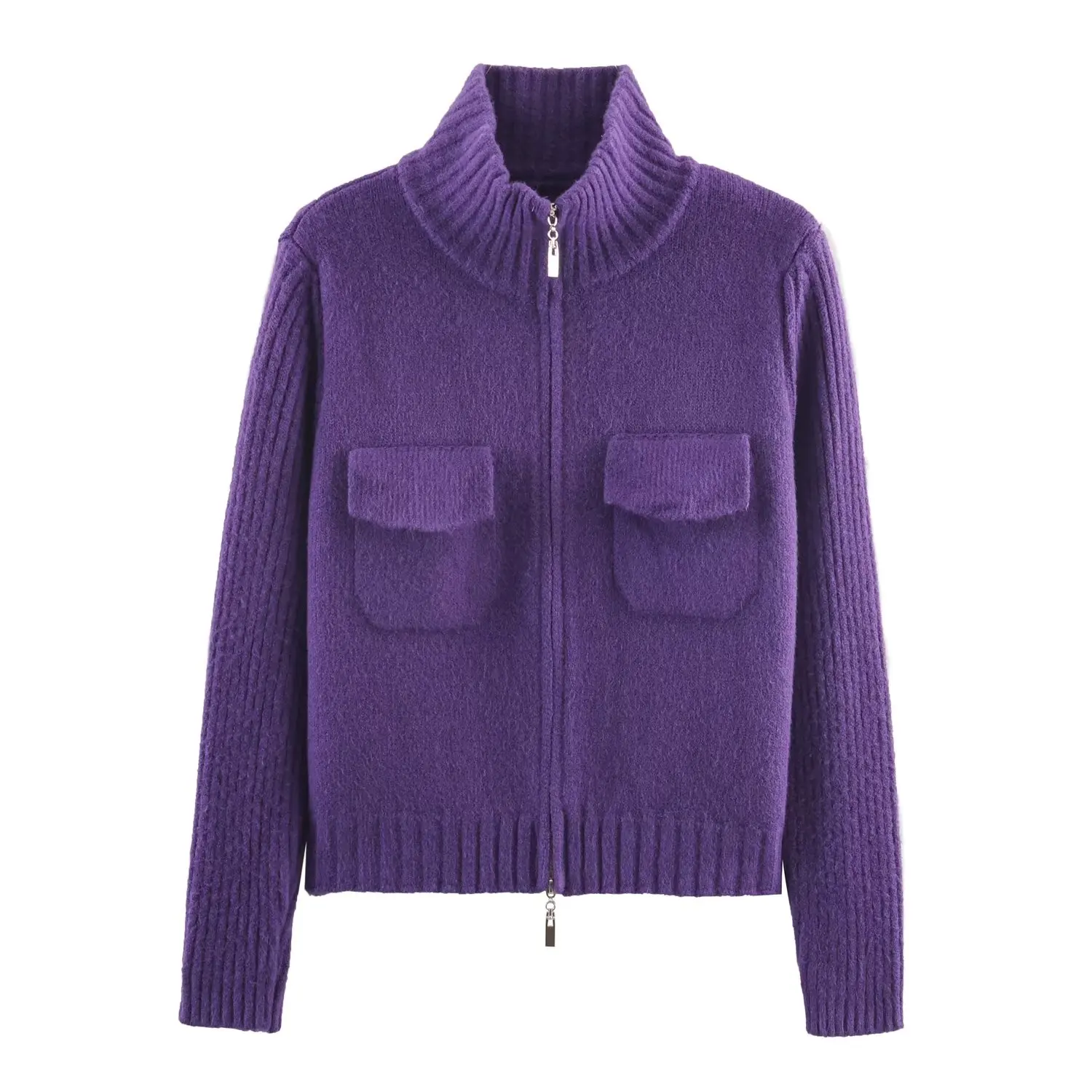 ملابس خارجية محبوكة من Faionable بتصميم سحاب مزدوج من ألياف البوليستر طويلة Sve بطول منتظم معطف نسائي