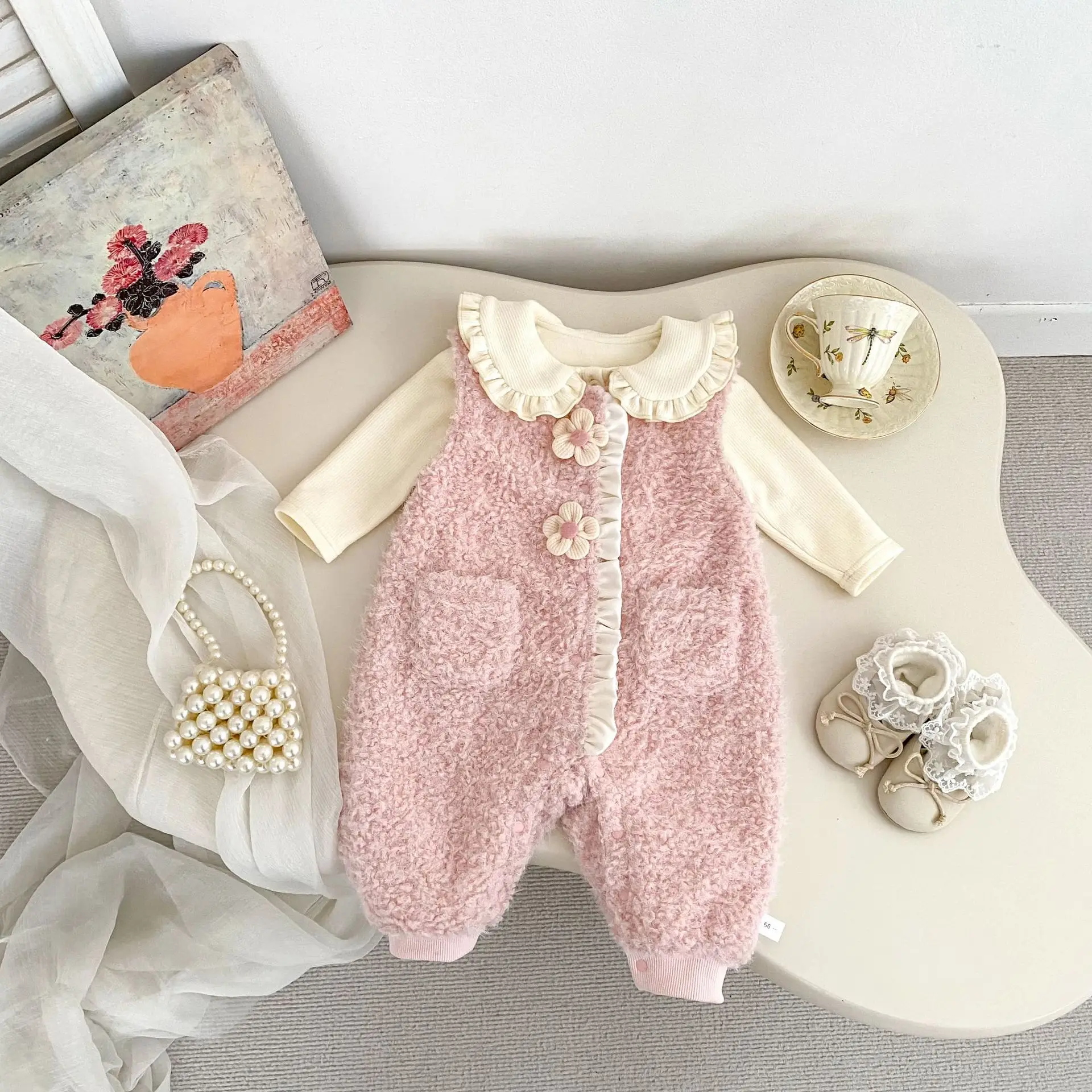 2026 New Winter Baby Girls Thick Romper + Overalls Set | Long Sleeve Top + Suspender Pants | Sweet Warm Outfit