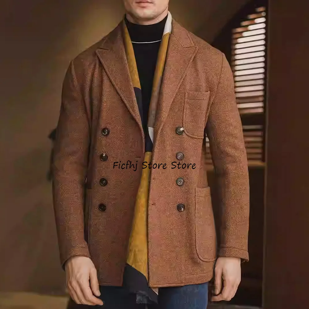 

Men's Jacket Casual Suit Jackets for Man Herringbone Fabric Double-breasted Peak Lapel Men's Social Coat Urban Blazers Fashion